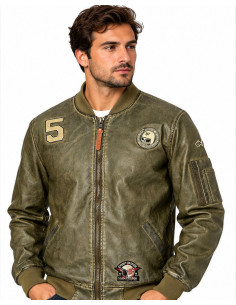 Blouson Bomber Homme INDICODE Kaki – Effet Cuir Vintage Style Aviateur