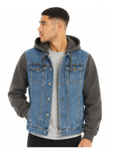 Veste en Jean Homme FLUID Bleu Délavé – Manches Sweat Gris et Capuche, Style Streetwear