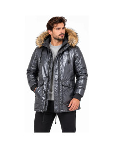 Parka Homme BELFIELD Gris Métallisé – Capuche à Fourrure, Finition Brillante