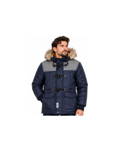 Parka Homme Bleu Marine – Capuche à Fourrure, Épaules Grises et Fermeture Brandebourgs